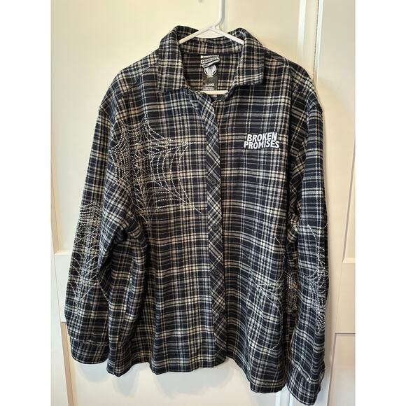 Broken Promises Rhinestone Spider Web Flannel Shirt XL Preloved Halloween - Picture 1 of 6